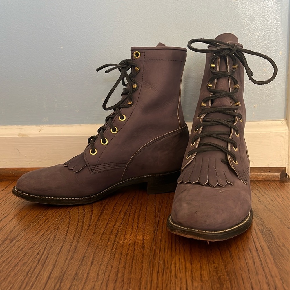 Justin Boots Purple Soft Suede Leather Lace Up Combat Moto Boots With Box